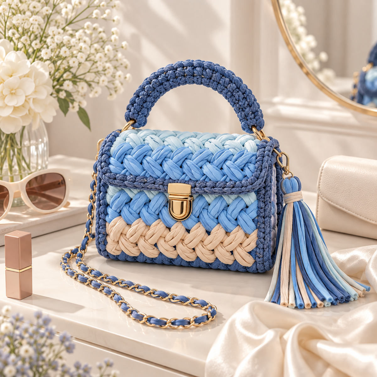 MACAROON CROCHET HANDBAG BLUE