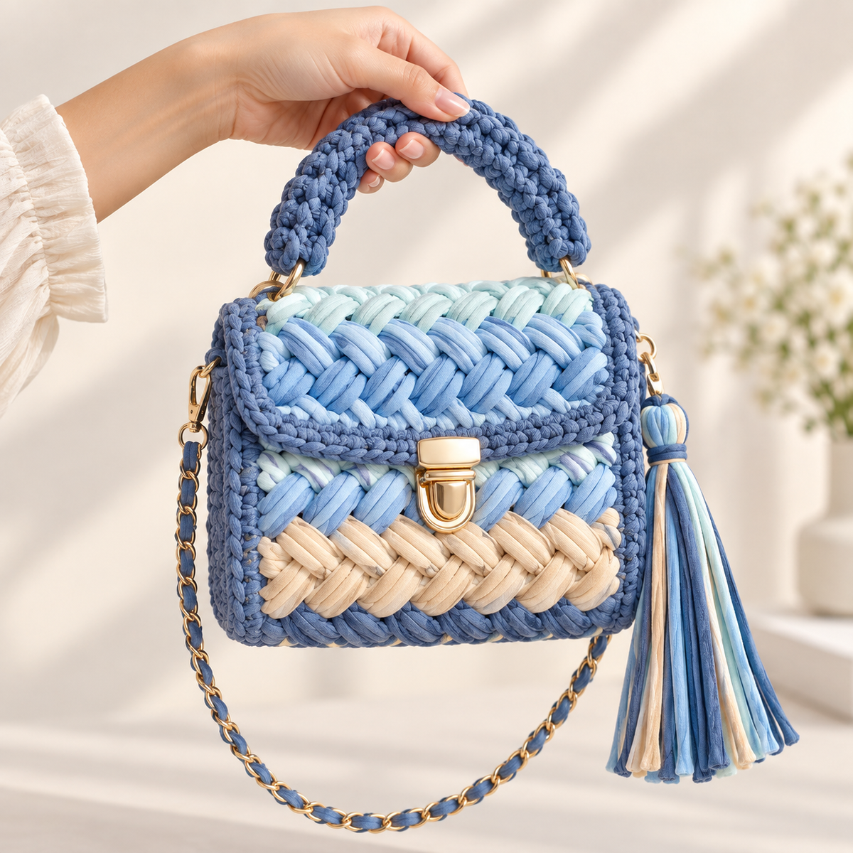 MACAROON CROCHET HANDBAG BLUE