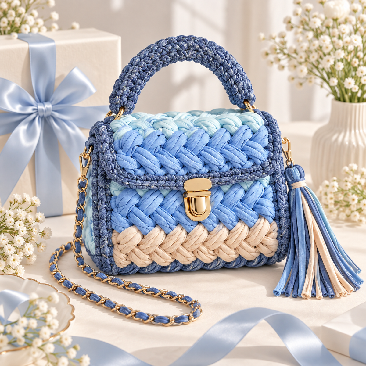 MACAROON CROCHET HANDBAG BLUE