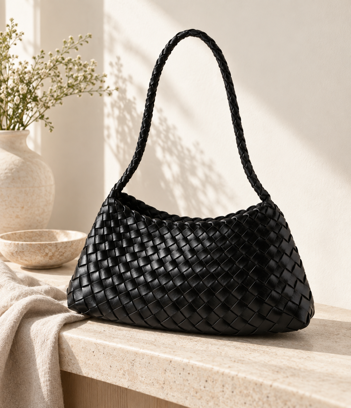 BAMBOO-INSPIRED HOBO SHOULDER BAG BLACK