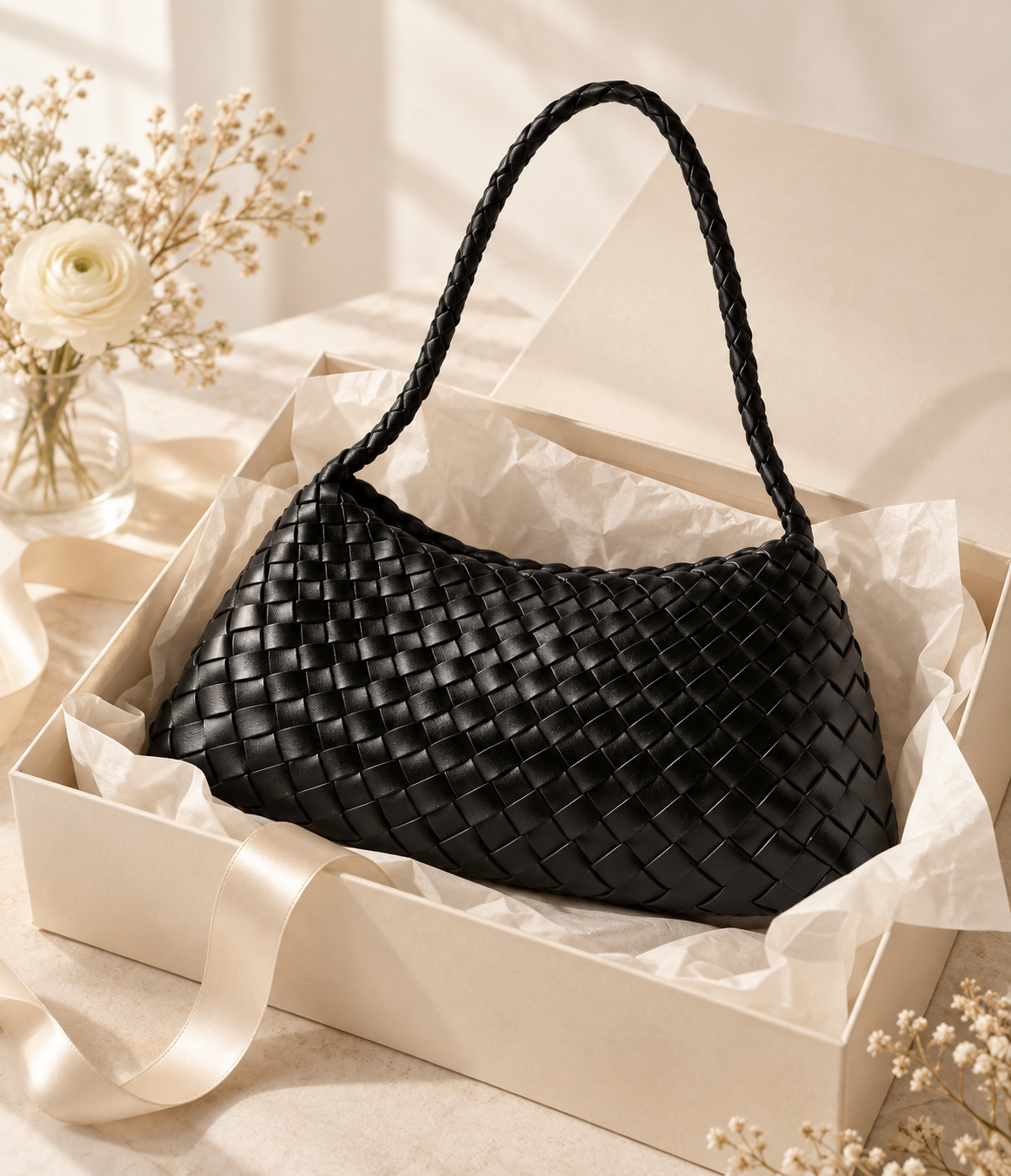 BAMBOO-INSPIRED HOBO SHOULDER BAG BLACK