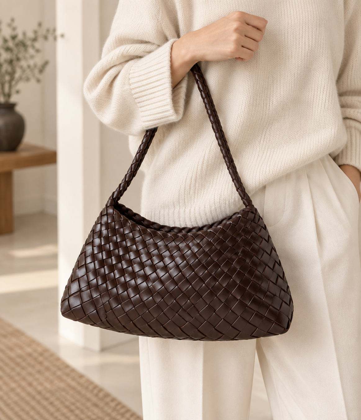 BAMBOO-INSPIRED HOBO SHOULDER BAG BLACK